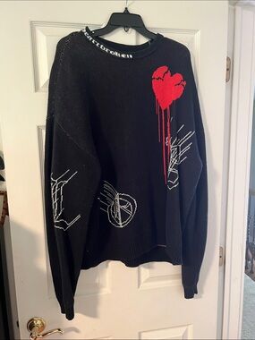 Black Sweater with Red Dripping Heart Graphic